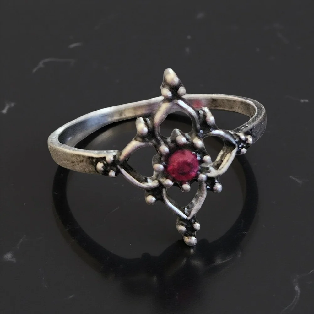 Silver Tone Ring with Red Stone Size 8 - Picture 1 of 6